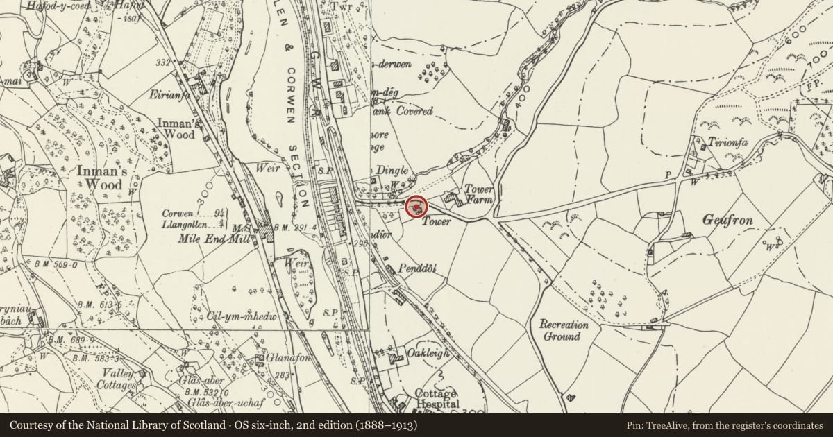 Ordnance Survey six-inch map, 2nd edition (1888–1913) covering the location of The Tower, Llangollen, Denbighshire, with a pin at the register's coordinates