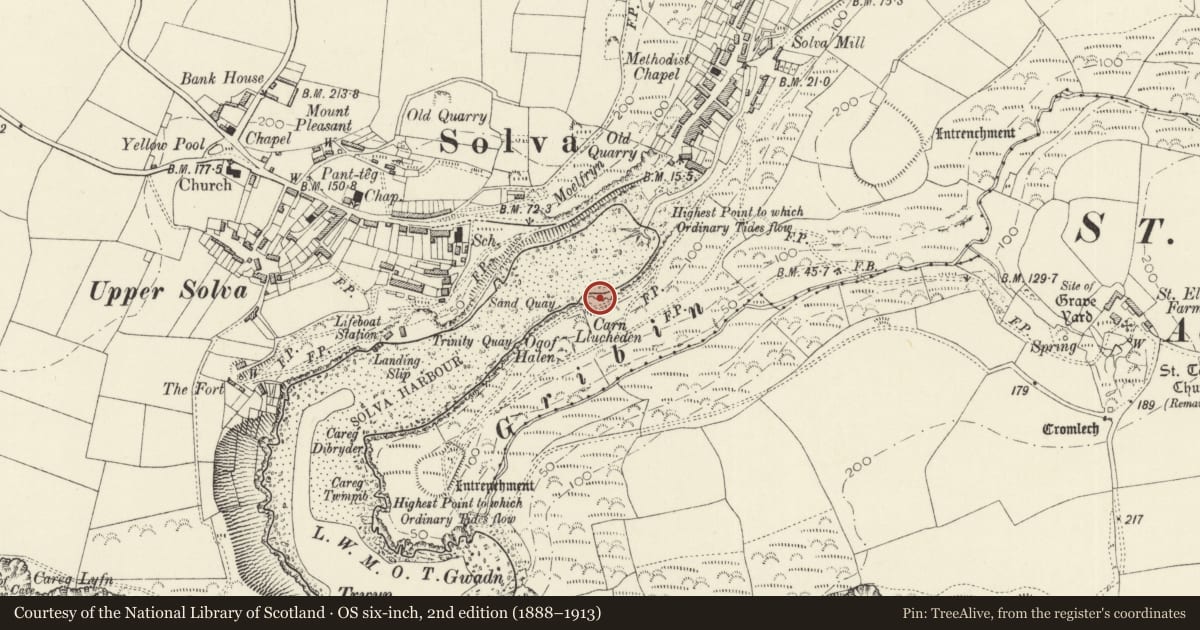 Ordnance Survey six-inch map, 2nd edition (1888–1913) covering the location of Limekiln on S.Side of Esturay, Solva, Pembrokeshire, with a pin at the register's coordinates