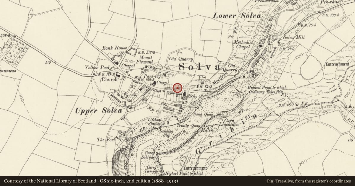 Ordnance Survey six-inch map, 2nd edition (1888–1913) covering the location of 10 High Street, Solva, Pembrokeshire, with a pin at the register's coordinates