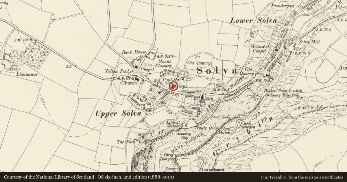 Ordnance Survey six-inch map, 2nd edition (1888–1913) covering the location of Mount Pleasant Baptist Chapel, Solva, Pembrokeshire, with a pin at the register's coordinates
