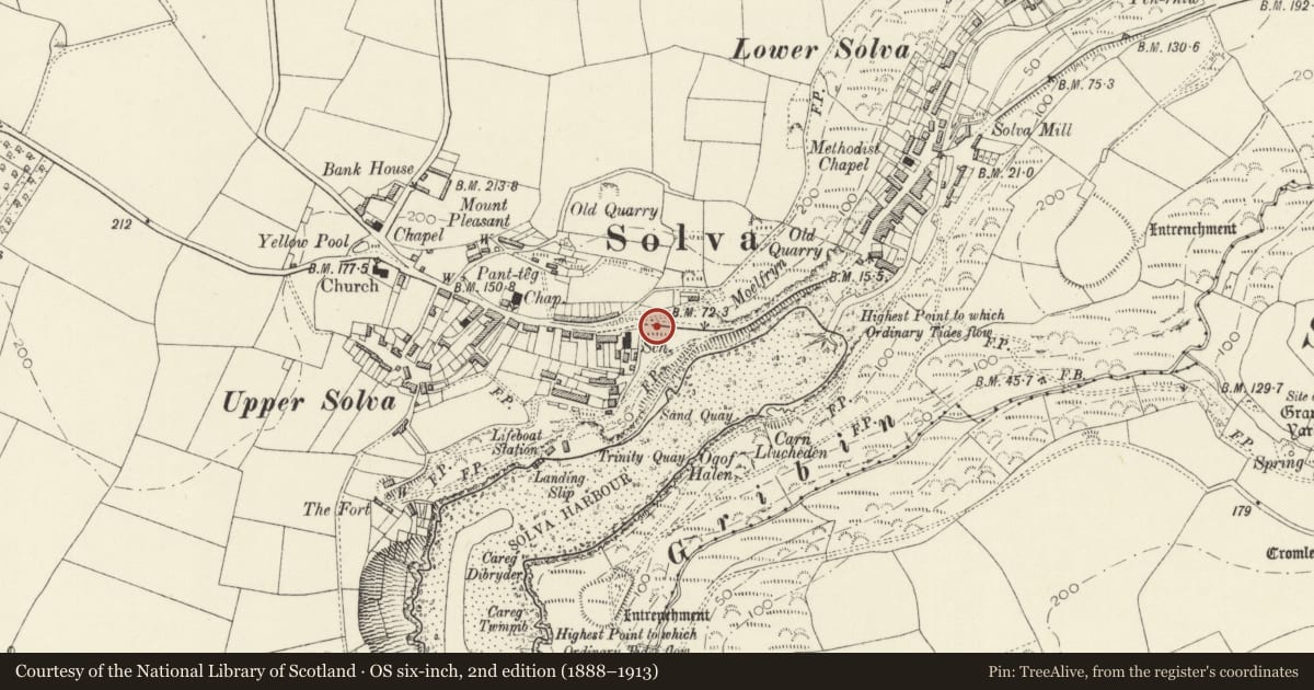 Ordnance Survey six-inch map, 2nd edition (1888–1913) covering the location of War Memorial, Solva, Pembrokeshire, with a pin at the register's coordinates