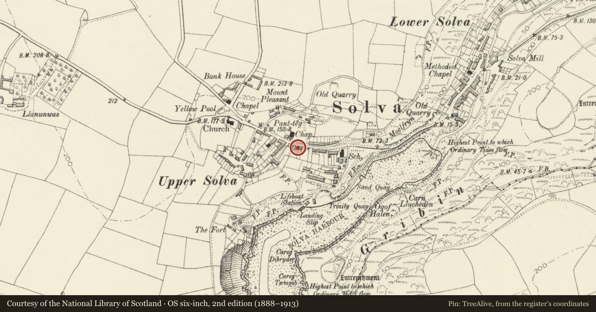 Ordnance Survey six-inch map, 2nd edition (1888–1913) covering the location of St Teilo, Solva, Pembrokeshire, with a pin at the register's coordinates