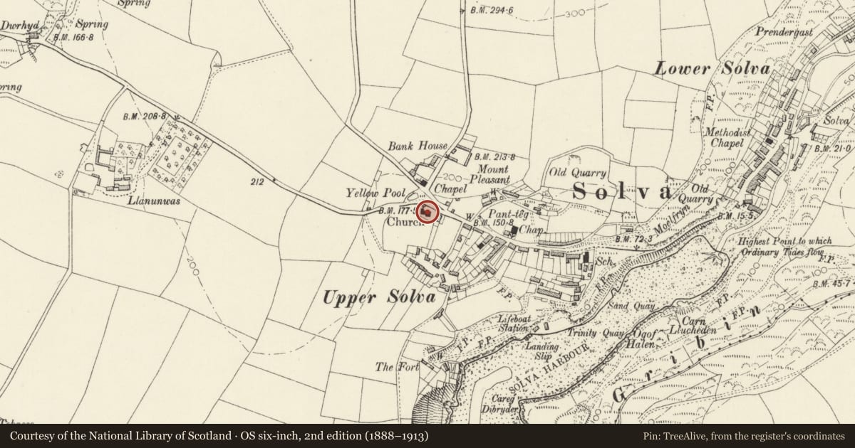 Ordnance Survey six-inch map, 2nd edition (1888–1913) covering the location of Church of St Aidan, Solva, Pembrokeshire, with a pin at the register's coordinates