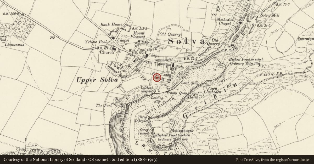 Ordnance Survey six-inch map, 2nd edition (1888–1913) covering the location of Pen yr Aber (Bryn y Mor), Solva, Pembrokeshire, with a pin at the register's coordinates