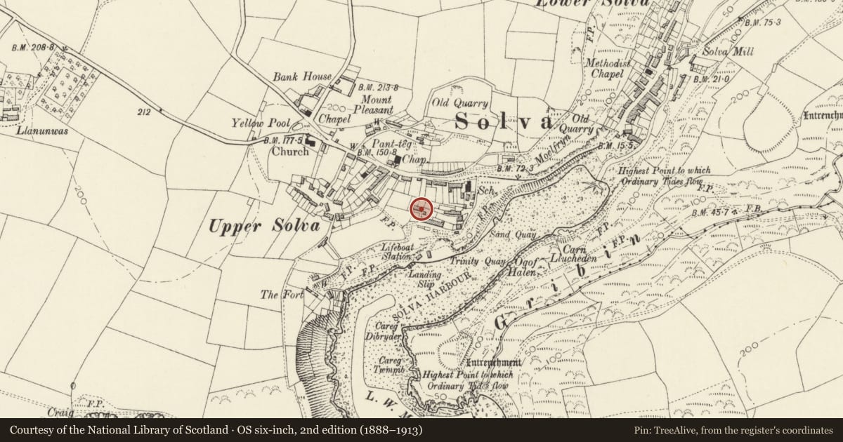 Ordnance Survey six-inch map, 2nd edition (1888–1913) covering the location of One of Two Cottages, Solva, Pembrokeshire, with a pin at the register's coordinates