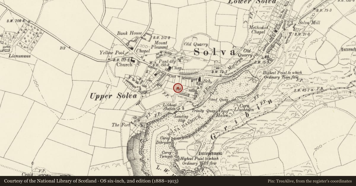 Ordnance Survey six-inch map, 2nd edition (1888–1913) covering the location of One of Two Cottage, Solva, Pembrokeshire, with a pin at the register's coordinates