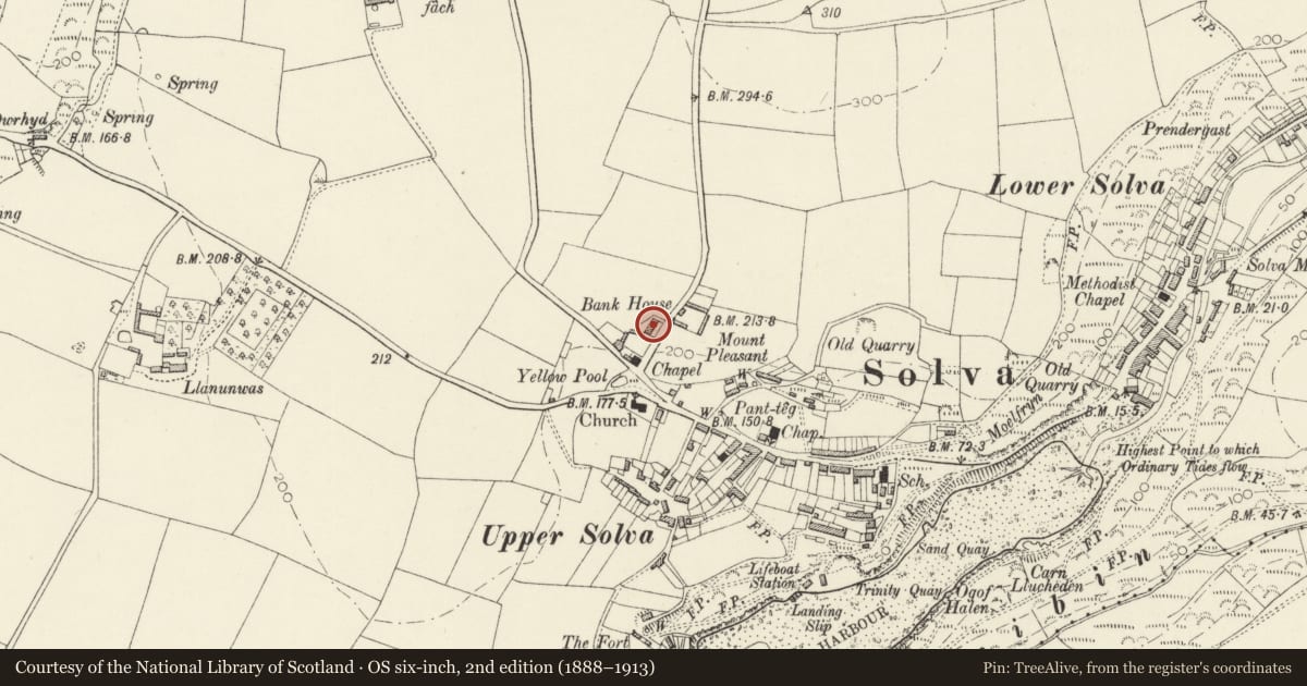 Ordnance Survey six-inch map, 2nd edition (1888–1913) covering the location of Bank House, Solva, Pembrokeshire, with a pin at the register's coordinates