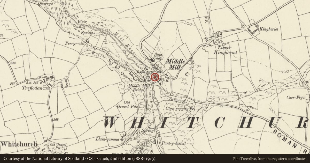 Ordnance Survey six-inch map, 2nd edition (1888–1913) covering the location of The Mill House, Solva, Pembrokeshire, with a pin at the register's coordinates