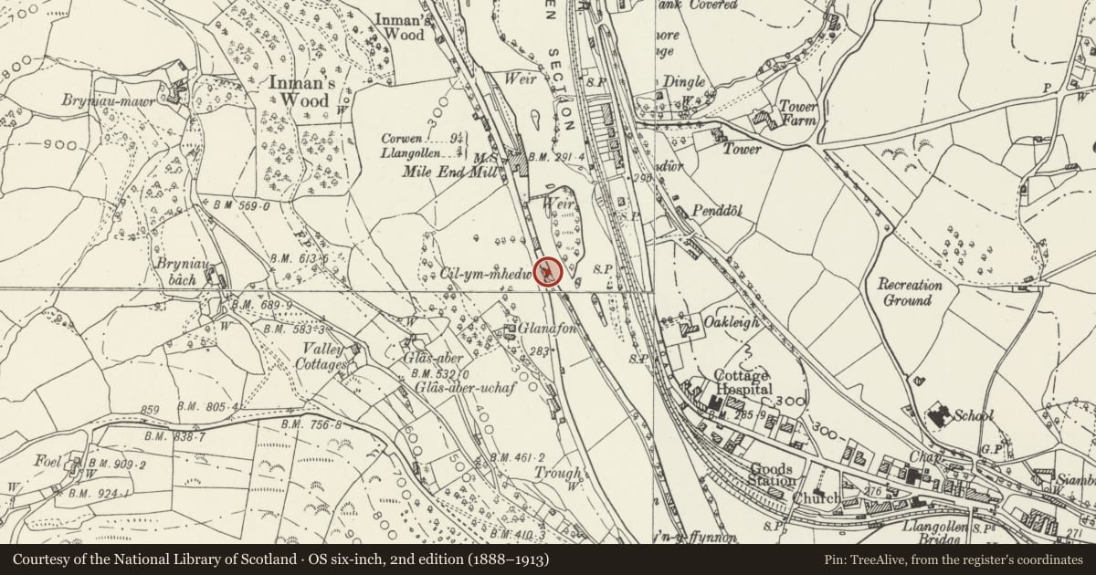 Ordnance Survey six-inch map, 2nd edition (1888–1913) covering the location of Colmedw Cottages, Llangollen, Denbighshire, with a pin at the register's coordinates