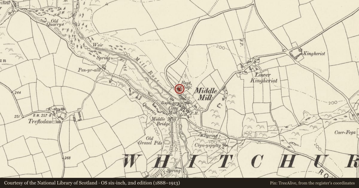 Ordnance Survey six-inch map, 2nd edition (1888–1913) covering the location of Capel y Bedydddwyr/Baptist Chapel, Solva, Pembrokeshire, with a pin at the register's coordinates