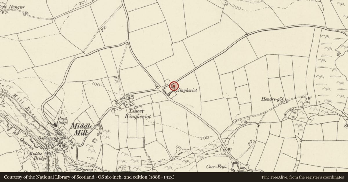 Ordnance Survey six-inch map, 2nd edition (1888–1913) covering the location of Kingheriot, Solva, Pembrokeshire, with a pin at the register's coordinates
