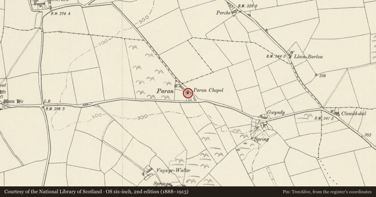 Ordnance Survey six-inch map, 2nd edition (1888–1913) covering the location of Paran Chapel, Solva, Pembrokeshire, with a pin at the register's coordinates