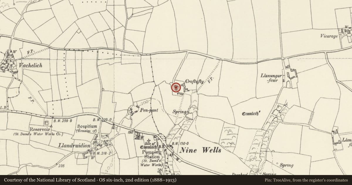 Ordnance Survey six-inch map, 2nd edition (1888–1913) covering the location of Croftufty, Solva, Pembrokeshire, with a pin at the register's coordinates