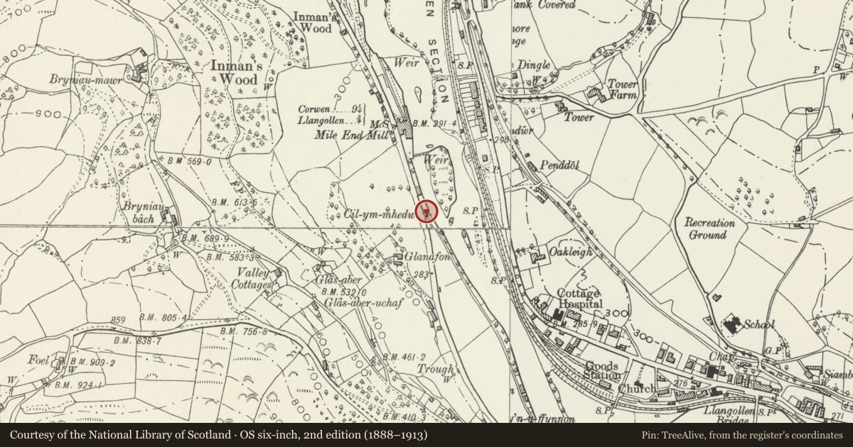 Ordnance Survey six-inch map, 2nd edition (1888–1913) covering the location of Cilmedw Cottages, Llangollen, Denbighshire, with a pin at the register's coordinates