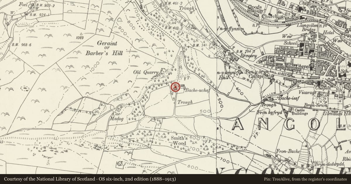 Ordnance Survey six-inch map, 2nd edition (1888–1913) covering the location of Tan-y-Bwlch, Llangollen, Denbighshire, with a pin at the register's coordinates