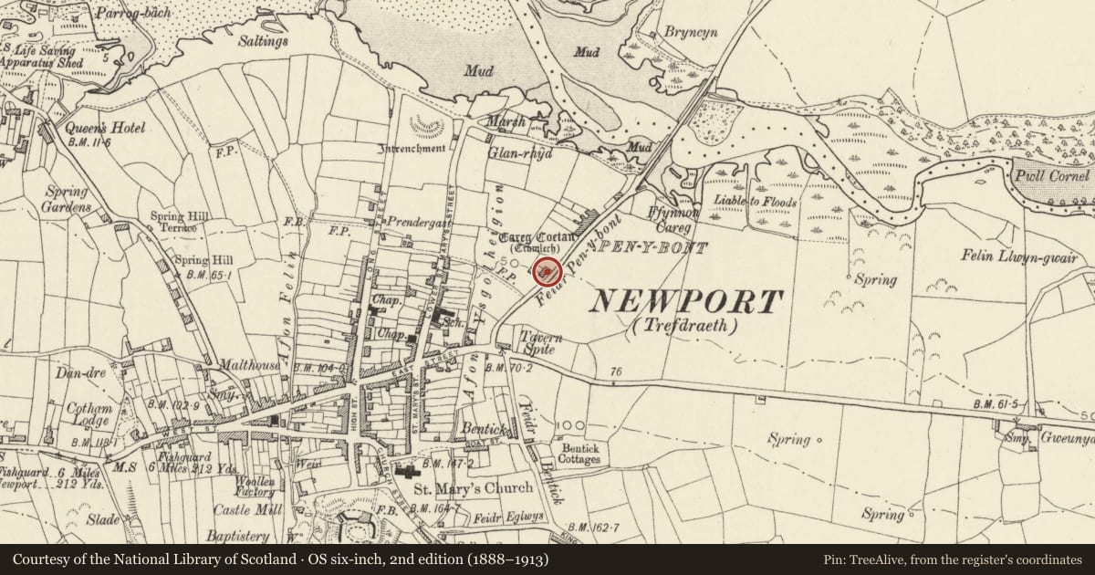 Ordnance Survey six-inch map, 2nd edition (1888–1913) covering the location of Cromlech House, Newport, Pembrokeshire, with a pin at the register's coordinates