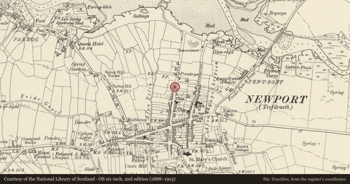 Ordnance Survey six-inch map, 2nd edition (1888–1913) covering the location of The White Cottage, Newport, Pembrokeshire, with a pin at the register's coordinates