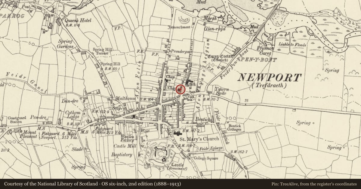 Ordnance Survey six-inch map, 2nd edition (1888–1913) covering the location of Ebenezer Congregational Chapel (Capel Ebenezer), Newport, Pembrokeshire, with a pin at the register's coordinates