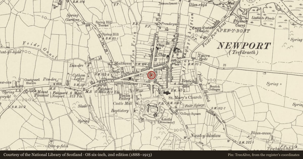 Ordnance Survey six-inch map, 2nd edition (1888–1913) covering the location of Bryn Coed, Newport, Pembrokeshire, with a pin at the register's coordinates