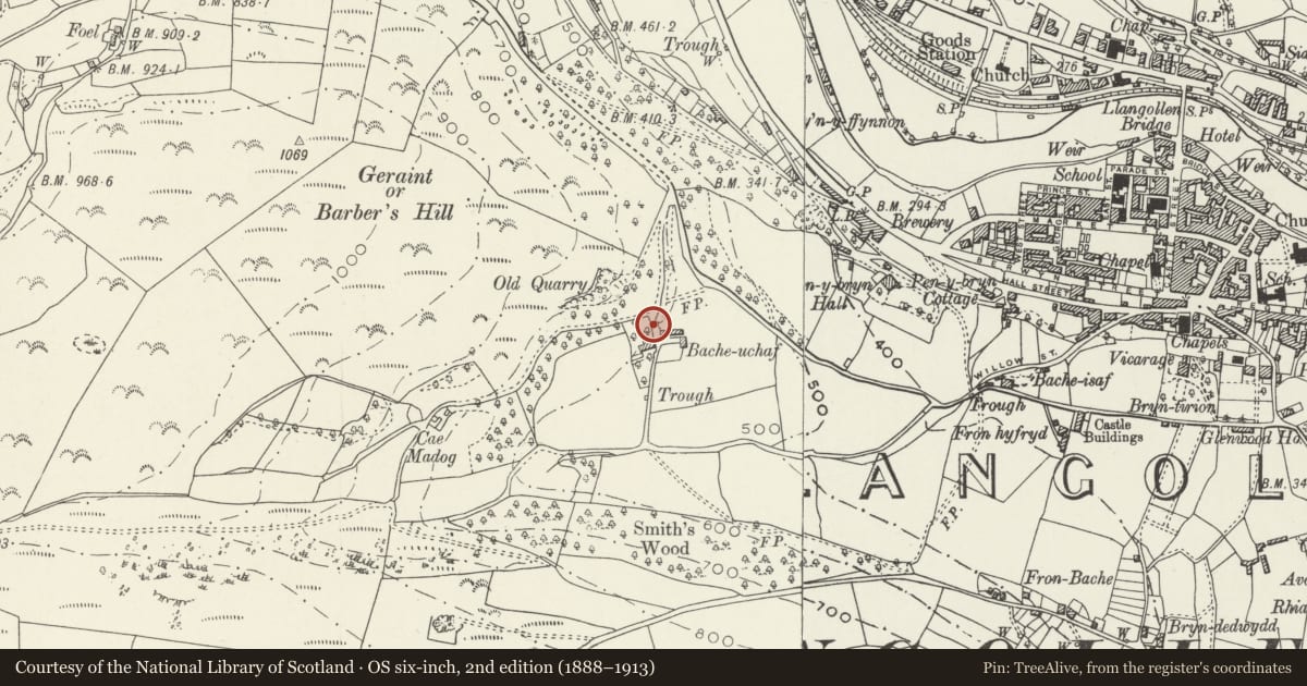 Ordnance Survey six-inch map, 2nd edition (1888–1913) covering the location of Former Dovecote at Tan-y-Bwlch, Llangollen, Denbighshire, with a pin at the register's coordinates