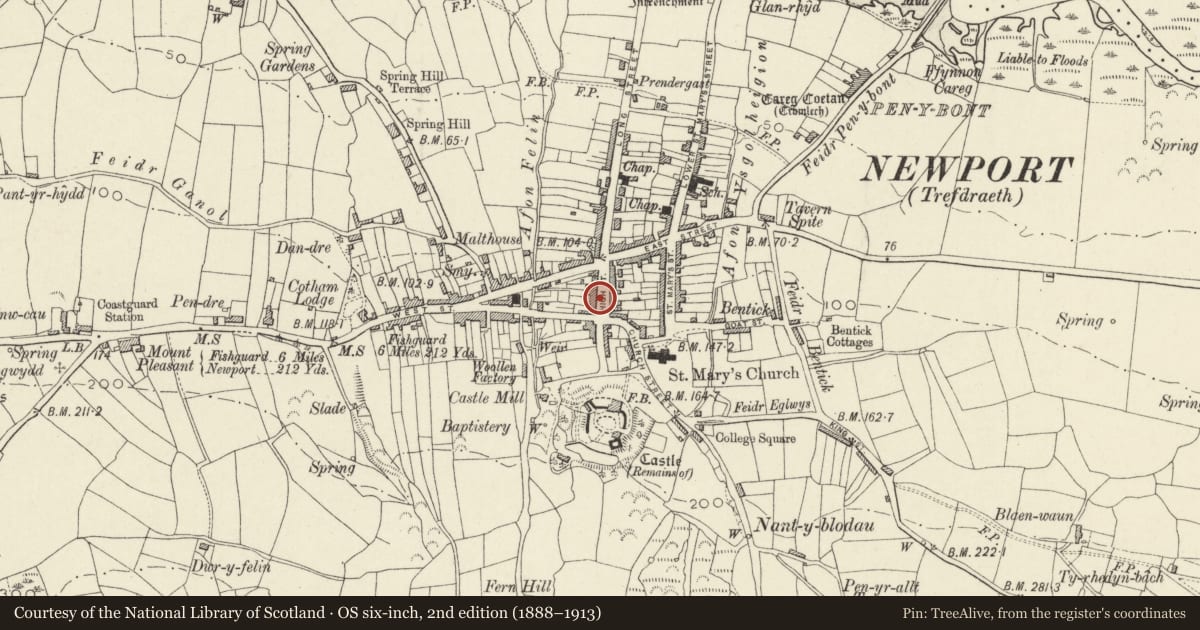 Ordnance Survey six-inch map, 2nd edition (1888–1913) covering the location of Fronlas, Newport, Pembrokeshire, with a pin at the register's coordinates