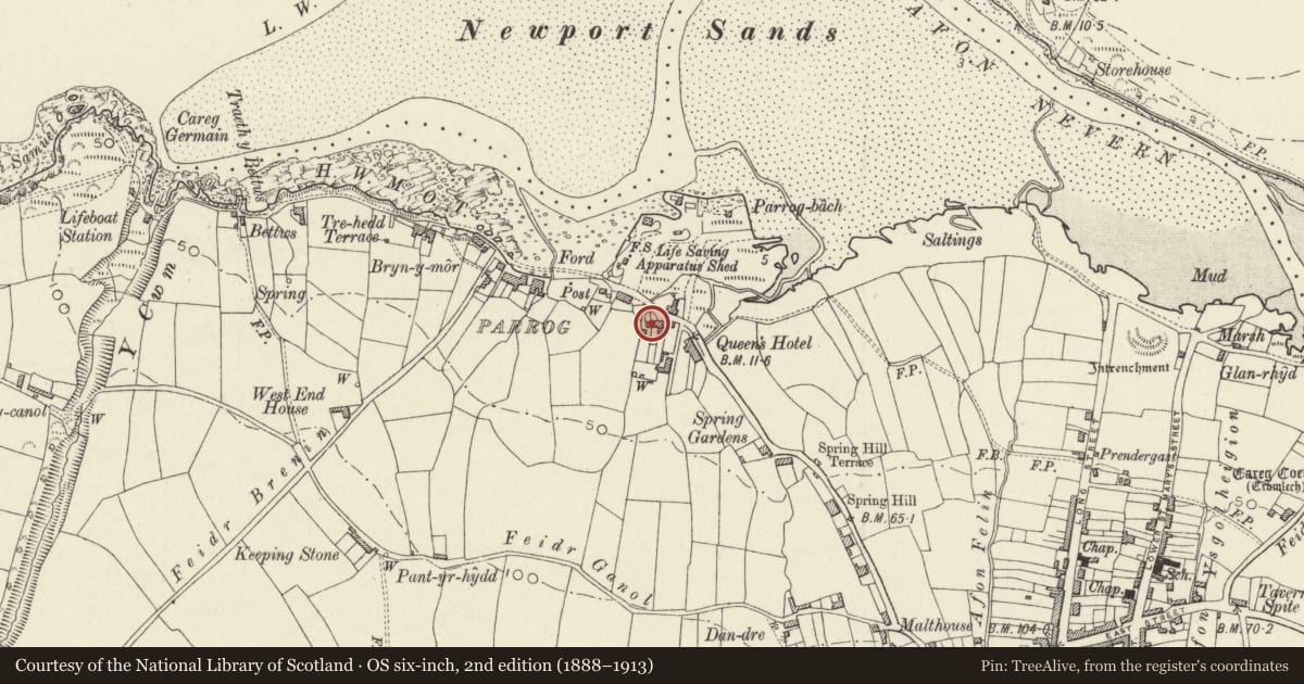 Ordnance Survey six-inch map, 2nd edition (1888–1913) covering the location of Sunnymeade, including front Walls, Gates & Railings, Newport, Pembrokeshire, with a pin at the register's coordinates