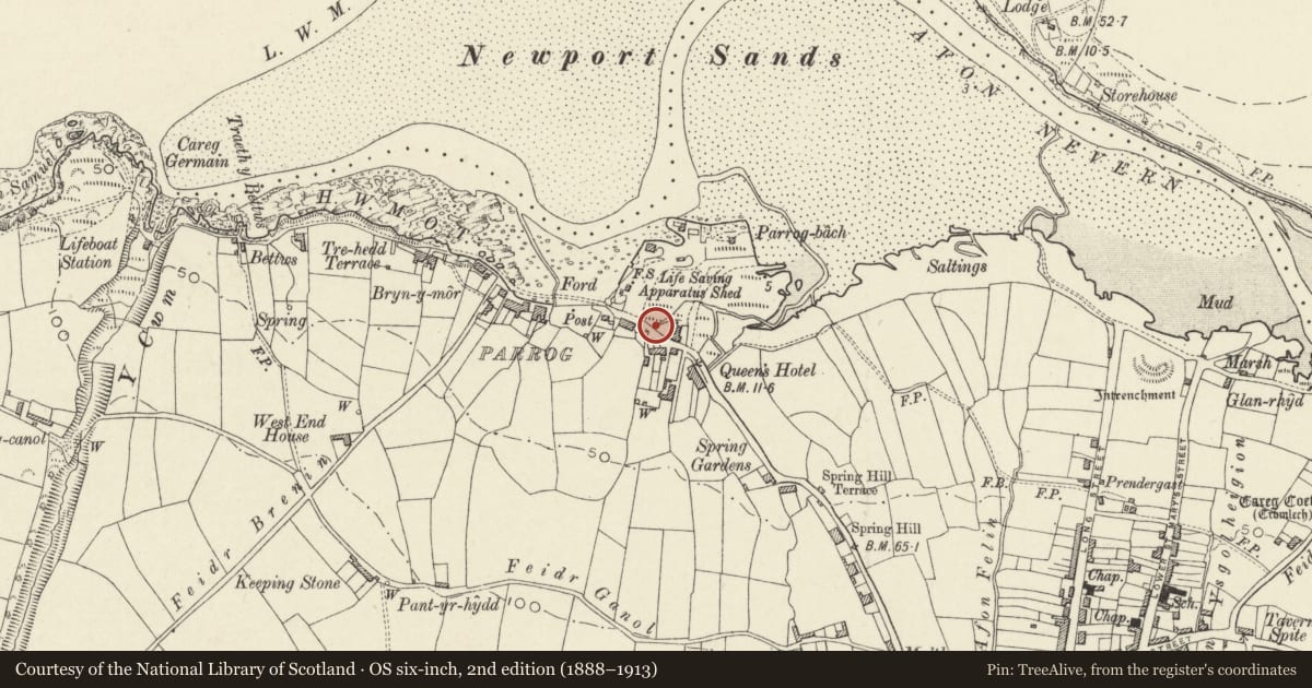 Ordnance Survey six-inch map, 2nd edition (1888–1913) covering the location of Telephone Call-box opposite Parrog House & Sunnymeade, Newport, Pembrokeshire, with a pin at the register's coordinates