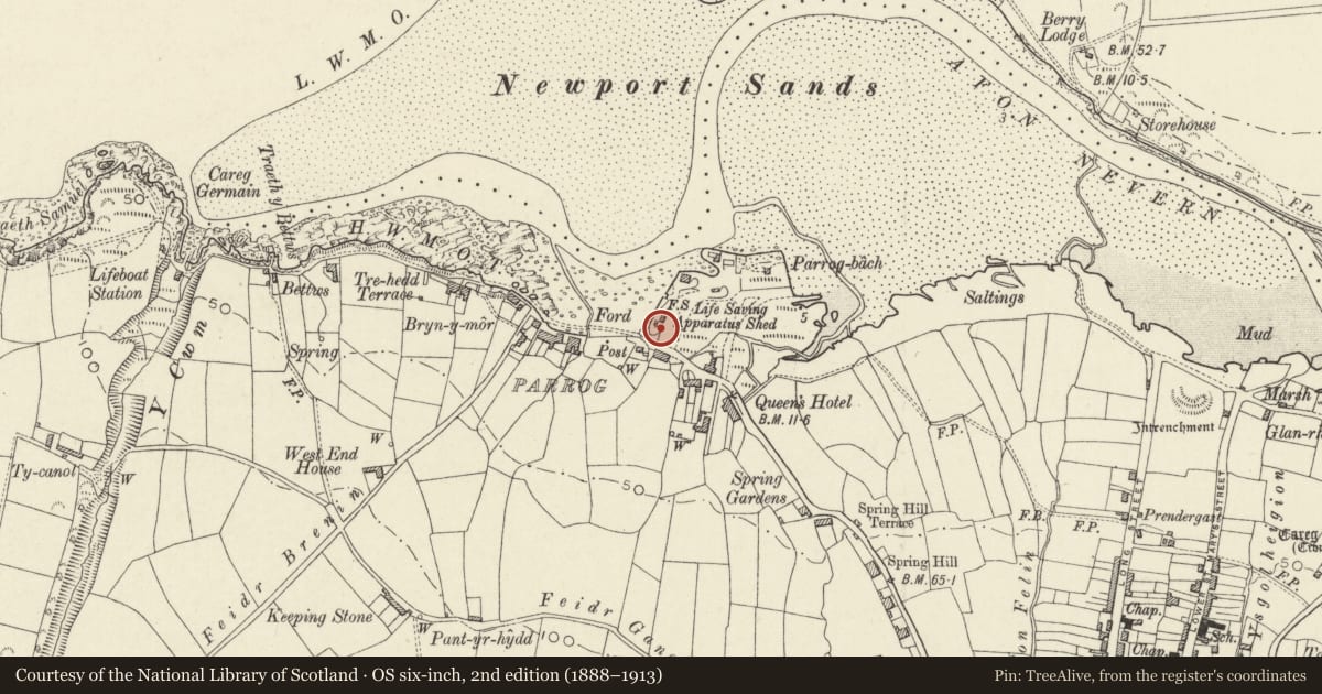 Ordnance Survey six-inch map, 2nd edition (1888–1913) covering the location of Main Limekiln on NW.Side of Parrog Car Park, Newport, Pembrokeshire, with a pin at the register's coordinates