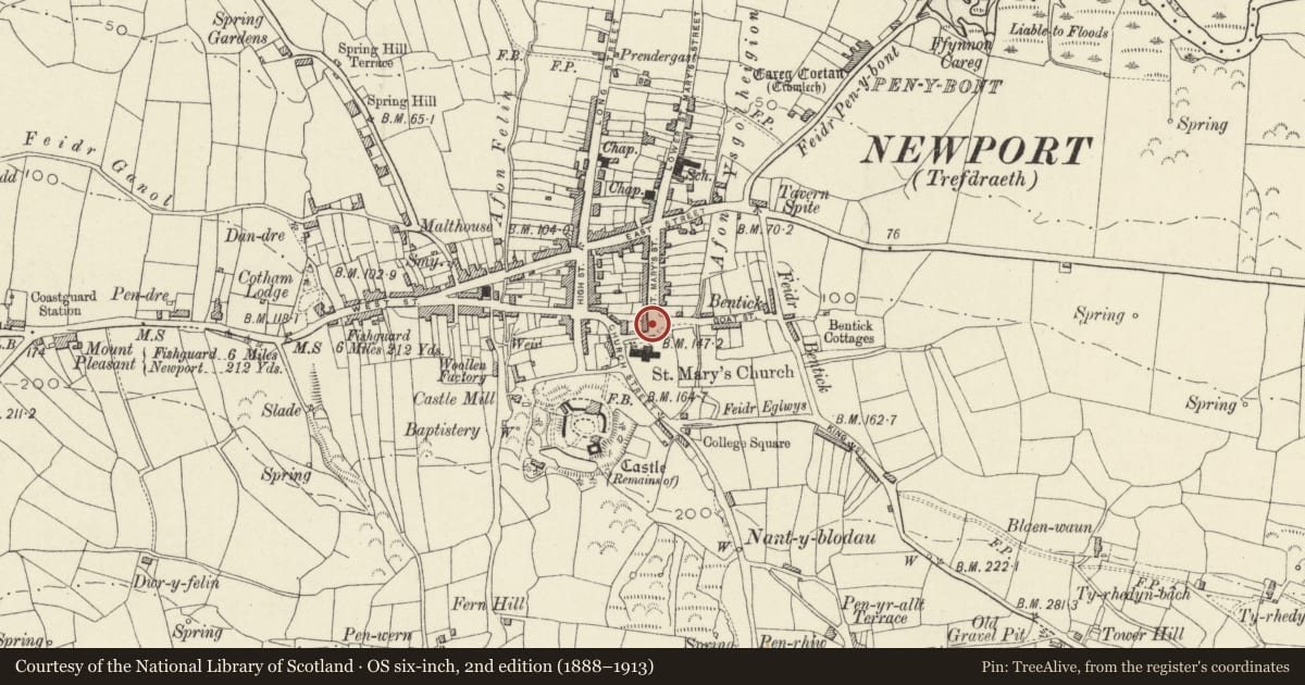 Ordnance Survey six-inch map, 2nd edition (1888–1913) covering the location of The Church Chapel, Newport, Pembrokeshire, with a pin at the register's coordinates