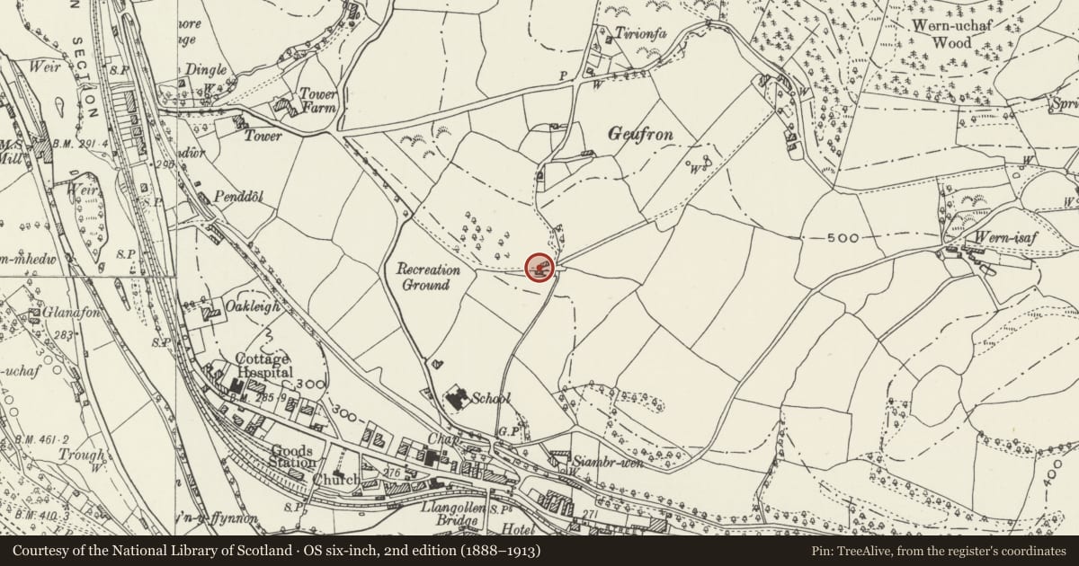 Ordnance Survey six-inch map, 2nd edition (1888–1913) covering the location of Ty-Isa, Llangollen, Denbighshire, with a pin at the register's coordinates