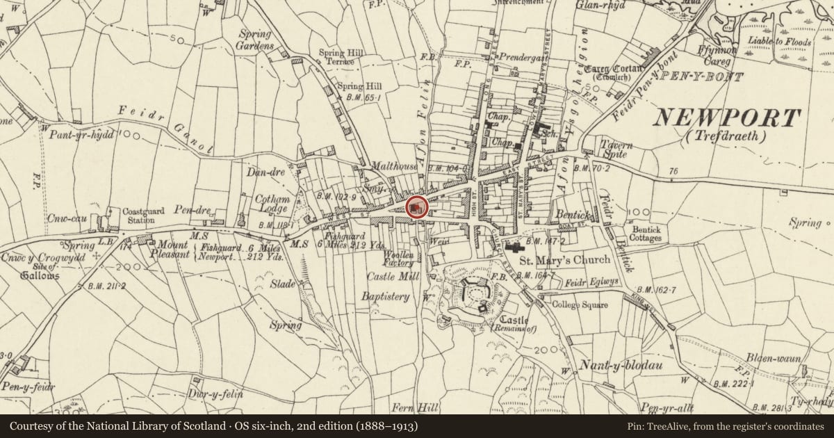 Ordnance Survey six-inch map, 2nd edition (1888–1913) covering the location of Bethlehem Baptist Chapel, including forecourt walls, gates & railings, Newport, Pembrokeshire, with a pin at the register's coordinates
