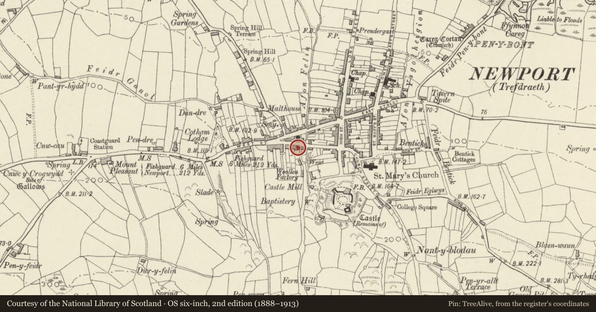 Ordnance Survey six-inch map, 2nd edition (1888–1913) covering the location of Major House, Newport, Pembrokeshire, with a pin at the register's coordinates