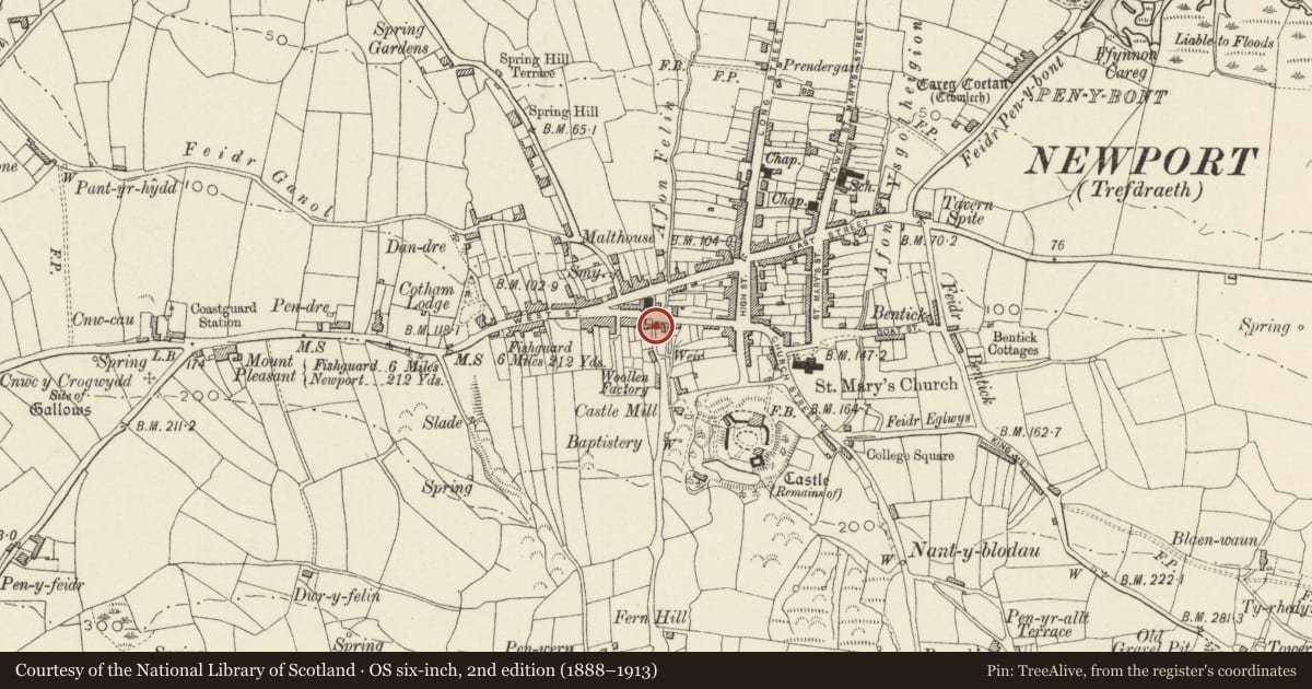 Ordnance Survey six-inch map, 2nd edition (1888–1913) covering the location of Major Lodge, Newport, Pembrokeshire, with a pin at the register's coordinates