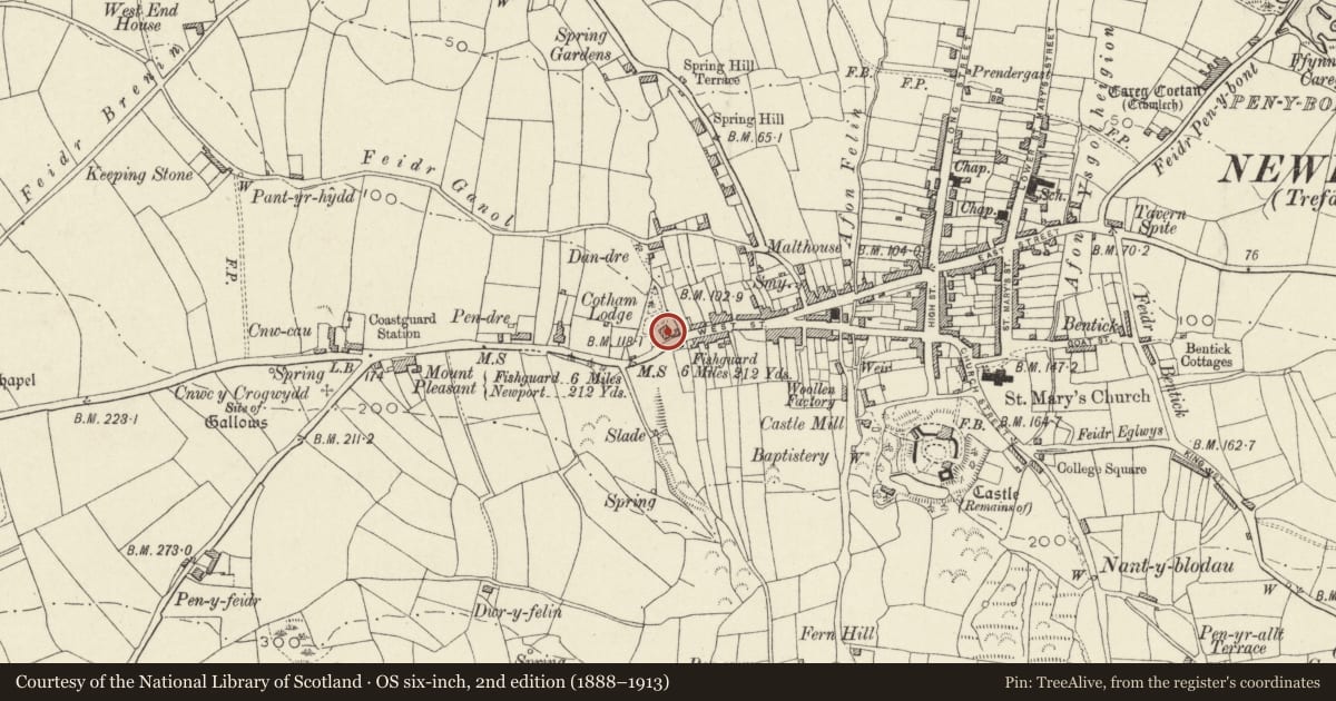 Ordnance Survey six-inch map, 2nd edition (1888–1913) covering the location of Cotham Lodge, Newport, Pembrokeshire, with a pin at the register's coordinates