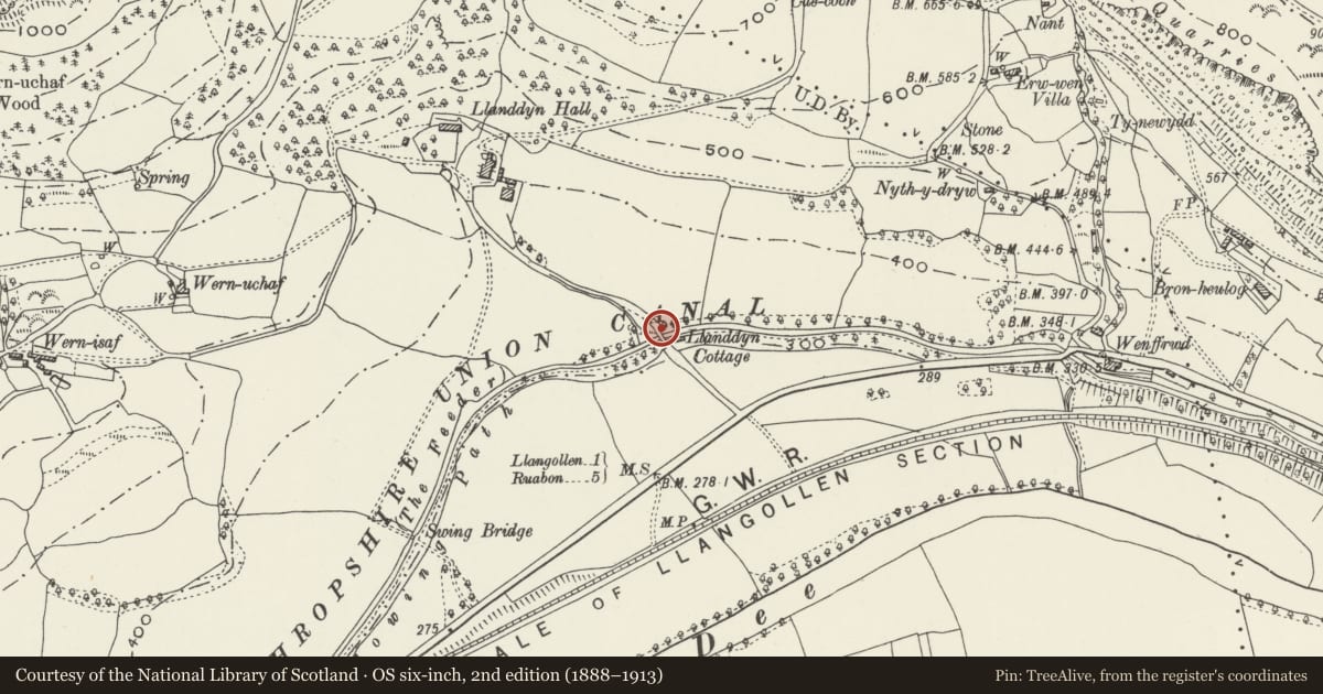 Ordnance Survey six-inch map, 2nd edition (1888–1913) covering the location of Canal Bridge (No.43), Llangollen, Denbighshire, with a pin at the register's coordinates