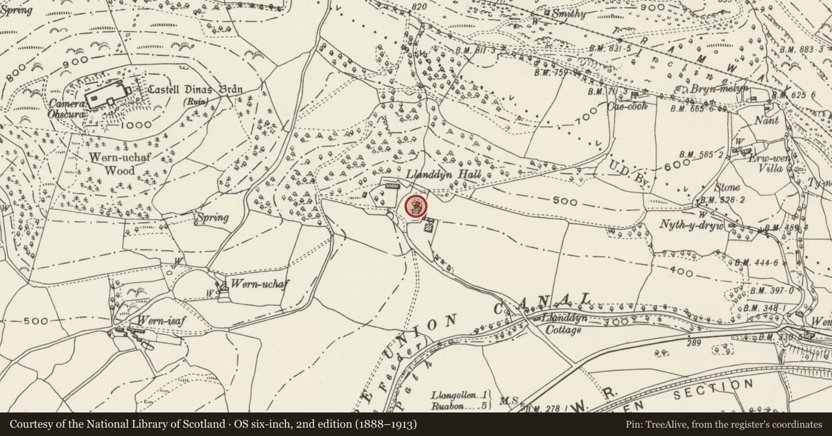 Ordnance Survey six-inch map, 2nd edition (1888–1913) covering the location of Barn at Llandyn Hall, Llangollen, Denbighshire, with a pin at the register's coordinates