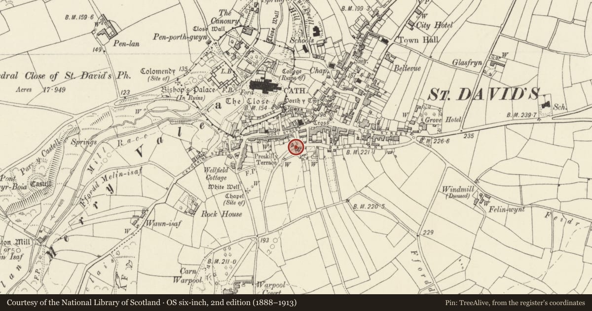 Ordnance Survey six-inch map, 2nd edition (1888–1913) covering the location of Mount Pleasant, St. David's and the Cathedral Close, Pembrokeshire, with a pin at the register's coordinates
