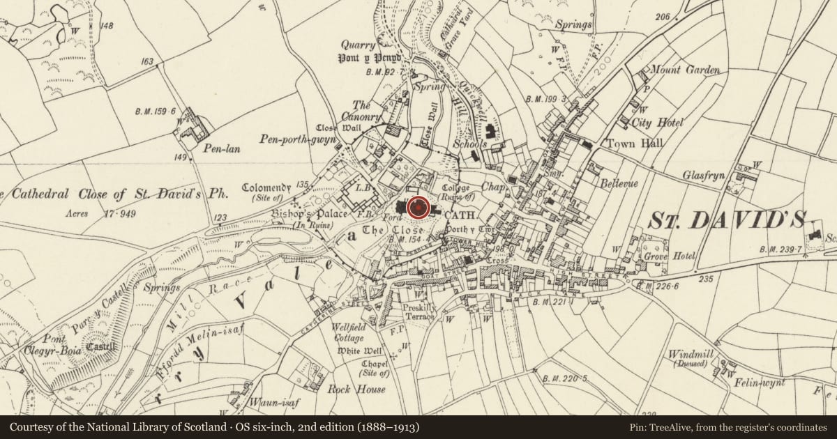 Ordnance Survey six-inch map, 2nd edition (1888–1913) covering the location of Cathedral of St Davids, St. David's and the Cathedral Close, Pembrokeshire, with a pin at the register's coordinates