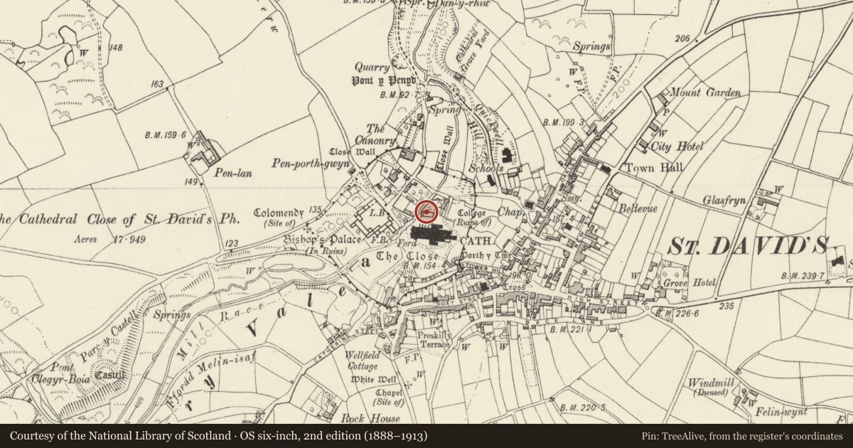 Ordnance Survey six-inch map, 2nd edition (1888–1913) covering the location of St David's Cathedral Hall (formerly Chapel of St Mary's College) & attached Cloister Ruins, St. David's and the Cathedral Close, Pembrokeshire, with a pin at the register's coordinates