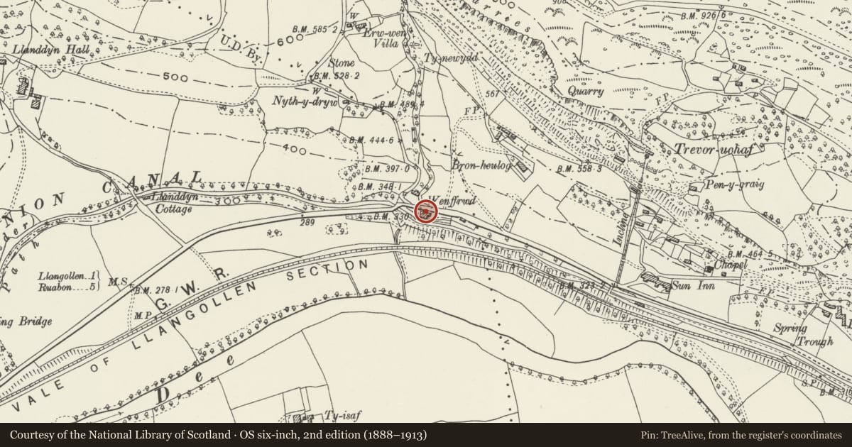 Ordnance Survey six-inch map, 2nd edition (1888–1913) covering the location of Wenffrwd, Llangollen, Denbighshire, with a pin at the register's coordinates