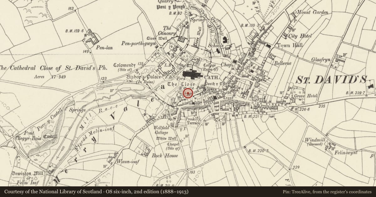 Ordnance Survey six-inch map, 2nd edition (1888–1913) covering the location of Churchyard Boundary Wall on N.side of the Pebbles, St. David's and the Cathedral Close, Pembrokeshire, with a pin at the register's coordinates