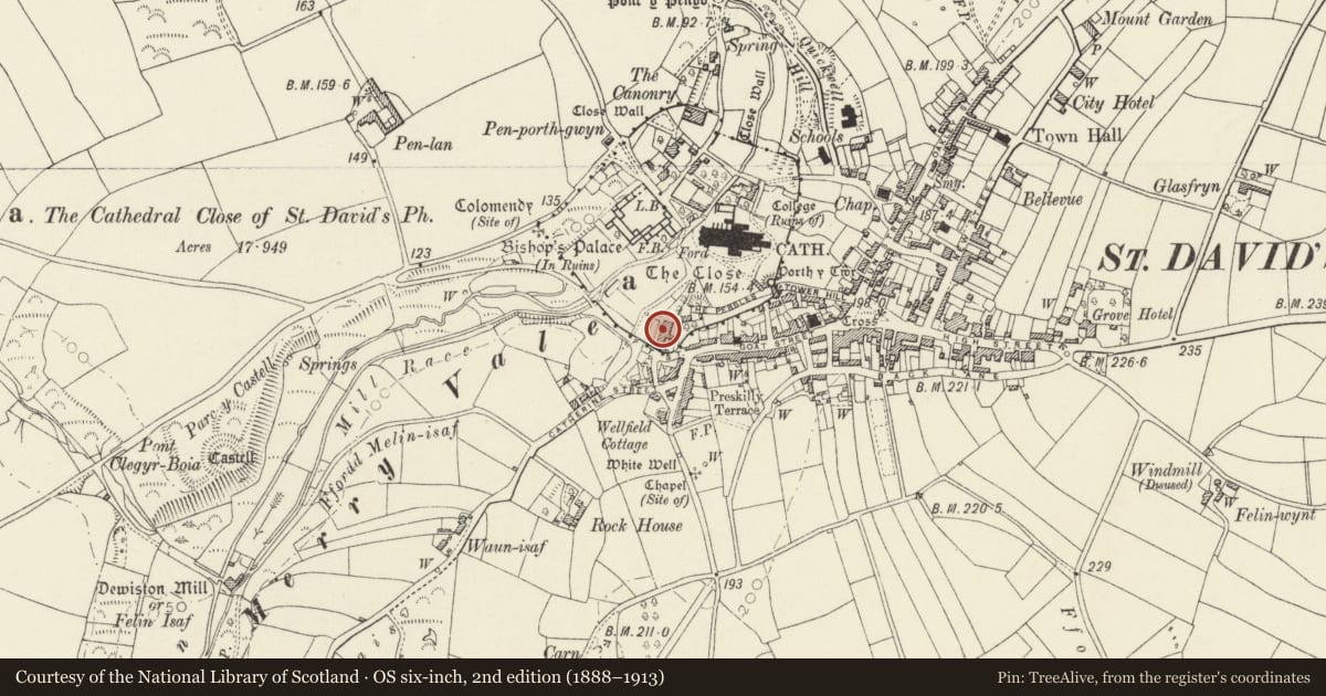 Ordnance Survey six-inch map, 2nd edition (1888–1913) covering the location of The Deanery including Garden Walls & Gate, St. David's and the Cathedral Close, Pembrokeshire, with a pin at the register's coordinates