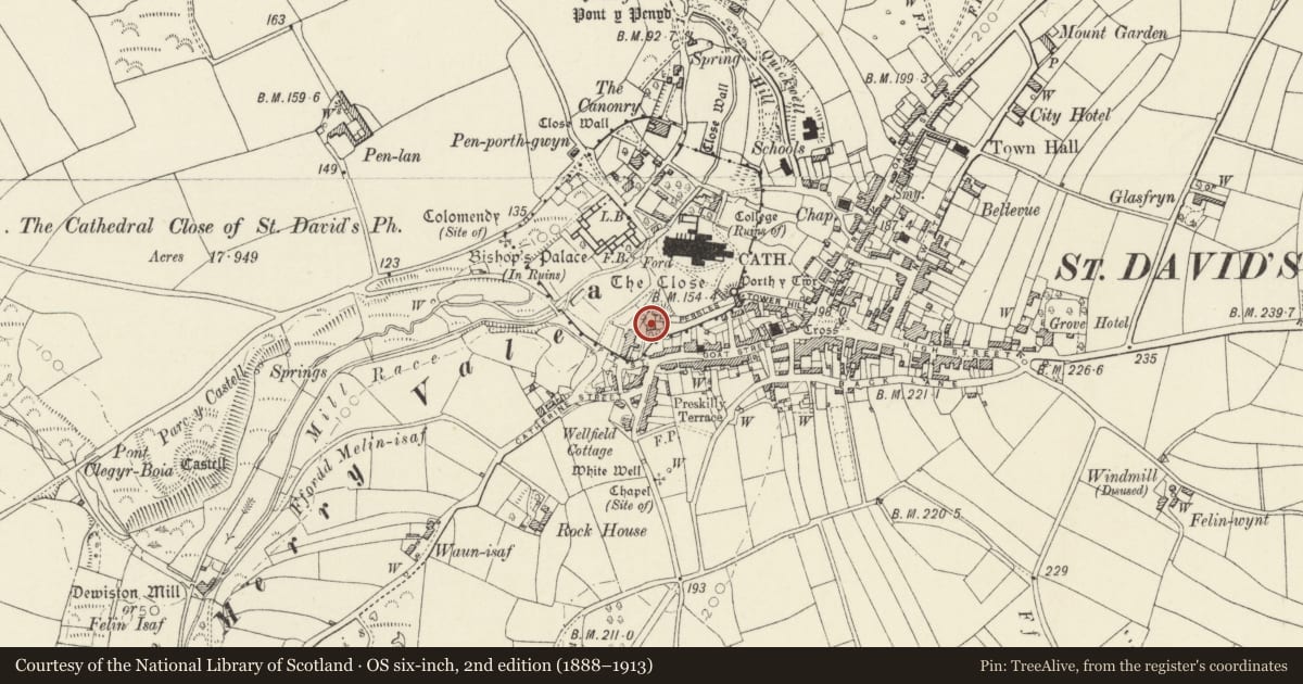 Ordnance Survey six-inch map, 2nd edition (1888–1913) covering the location of Coach House to the Deanery, St. David's and the Cathedral Close, Pembrokeshire, with a pin at the register's coordinates