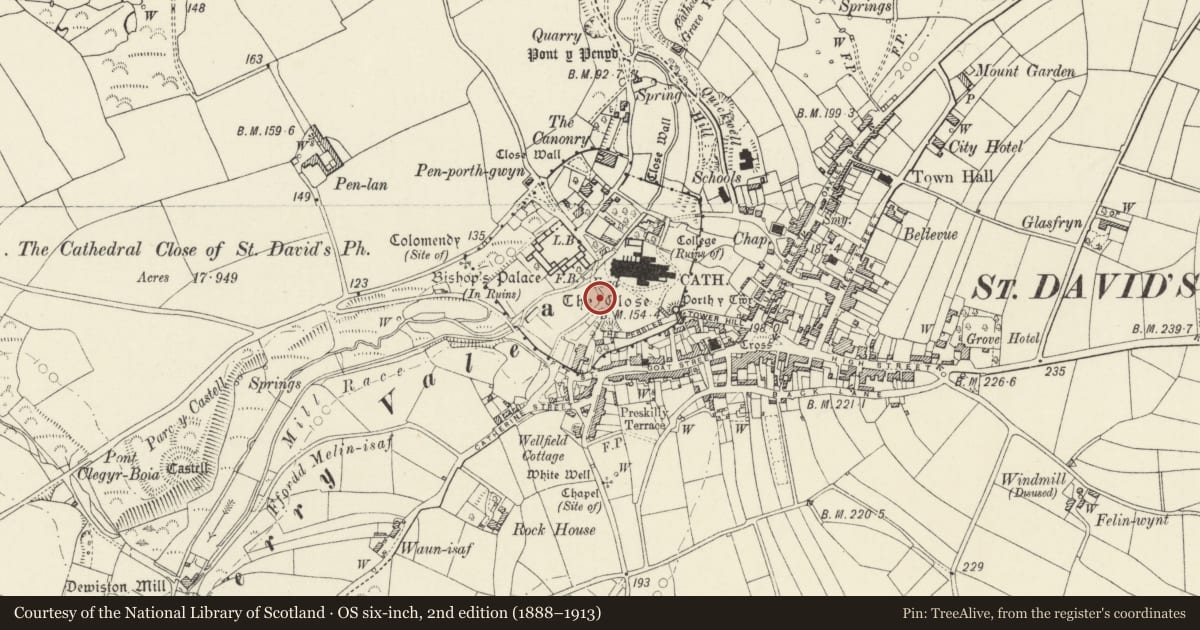 Ordnance Survey six-inch map, 2nd edition (1888–1913) covering the location of Retaining Wall to Churchyard from Deanery Gate to Ford opposite Bishops Palace, including Front Wall, St. David's and the Cathedral Close, Pembrokeshire, with a pin at the register's coordinates