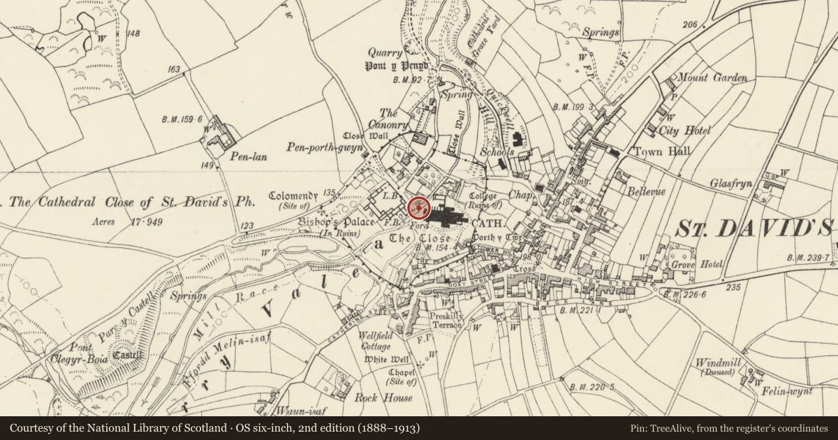 Ordnance Survey six-inch map, 2nd edition (1888–1913) covering the location of Retaining Wall on SE.Side of River Alun, from Ford to Bridge by Cloister Hall, St. David's and the Cathedral Close, Pembrokeshire, with a pin at the register's coordinates