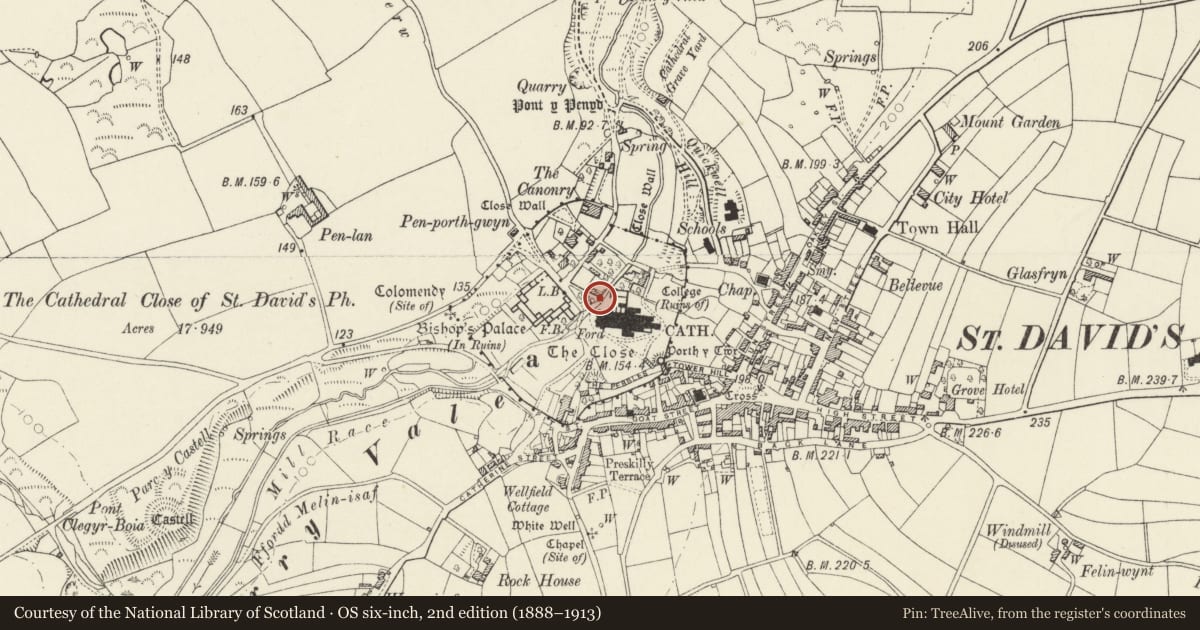 Ordnance Survey six-inch map, 2nd edition (1888–1913) covering the location of Footbridge by Pen-y-Ffos, St. David's and the Cathedral Close, Pembrokeshire, with a pin at the register's coordinates
