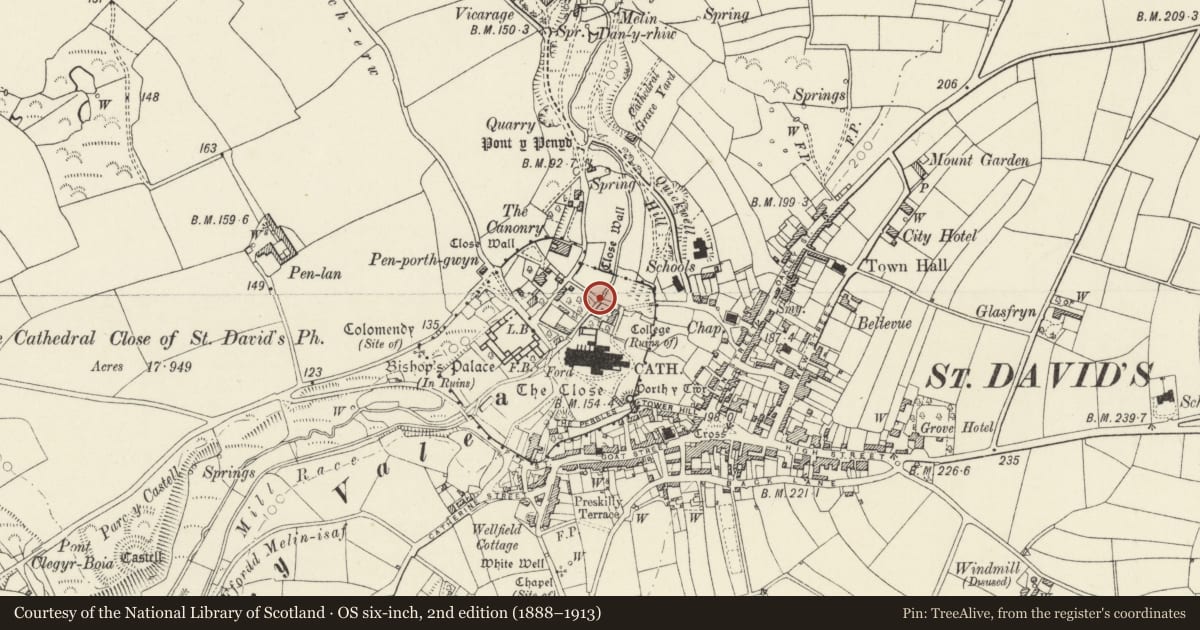 Ordnance Survey six-inch map, 2nd edition (1888–1913) covering the location of Bridge to rear of Cloister Hall, St. David's and the Cathedral Close, Pembrokeshire, with a pin at the register's coordinates