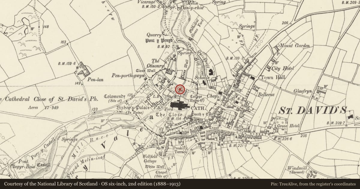 Ordnance Survey six-inch map, 2nd edition (1888–1913) covering the location of Enclosing Wall & Gateway on N.Side of rear yard of Cloister Hall, St. David's and the Cathedral Close, Pembrokeshire, with a pin at the register's coordinates