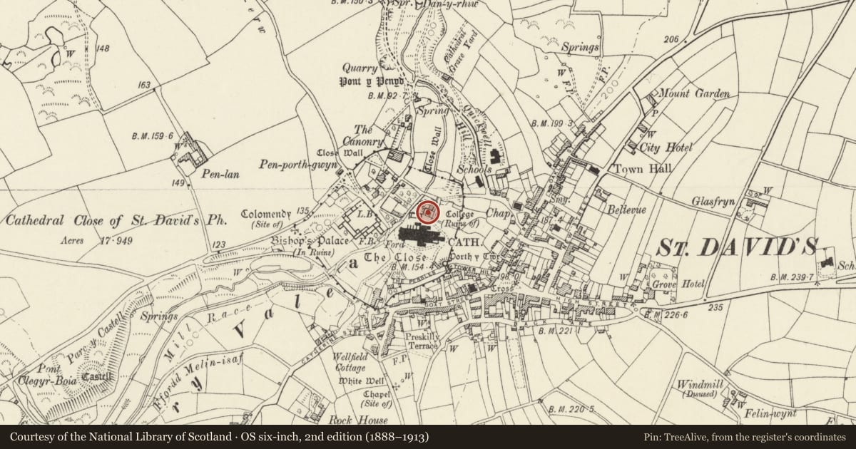 Ordnance Survey six-inch map, 2nd edition (1888–1913) covering the location of Wall of walled garden to S. of Cloister Hall, St. David's and the Cathedral Close, Pembrokeshire, with a pin at the register's coordinates