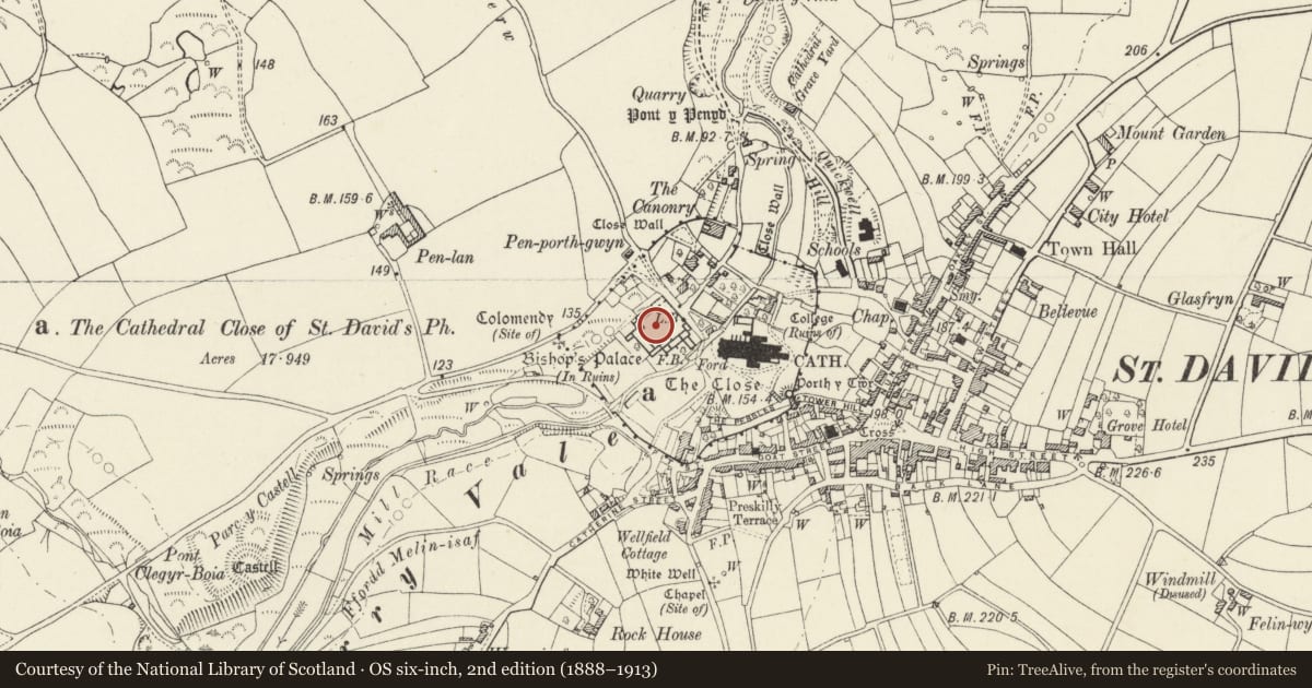 Ordnance Survey six-inch map, 2nd edition (1888–1913) covering the location of The Bishop's Palace, St. David's and the Cathedral Close, Pembrokeshire, with a pin at the register's coordinates